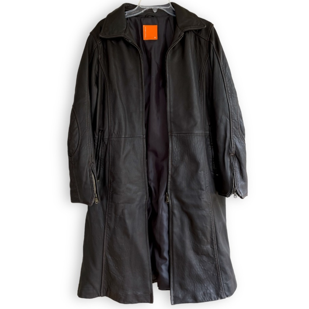 VERTICAL Black Knee Length Leather Zip Up Trench Coat